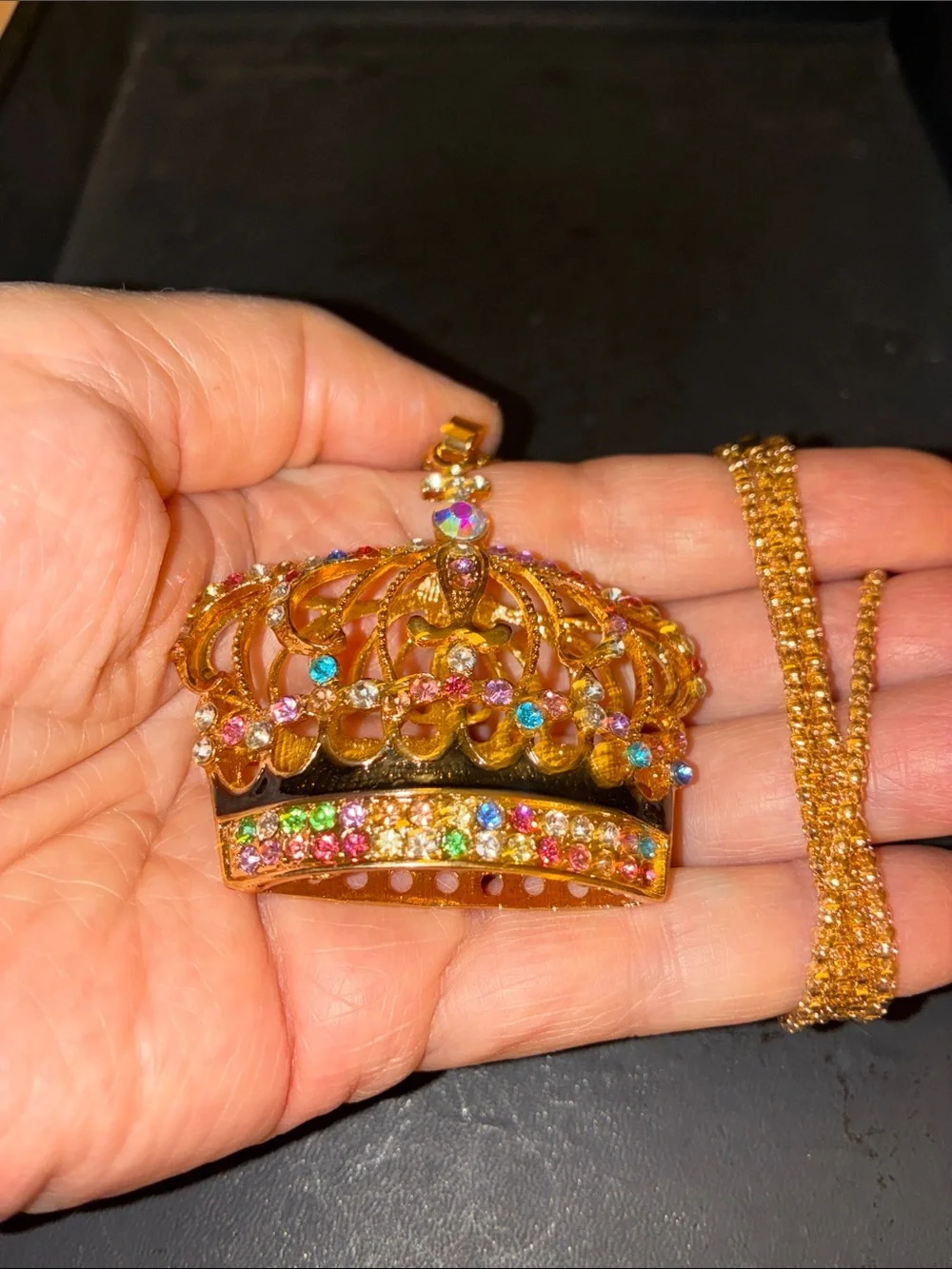 Gold Crown Pendant Necklace with Multicolor Crystals